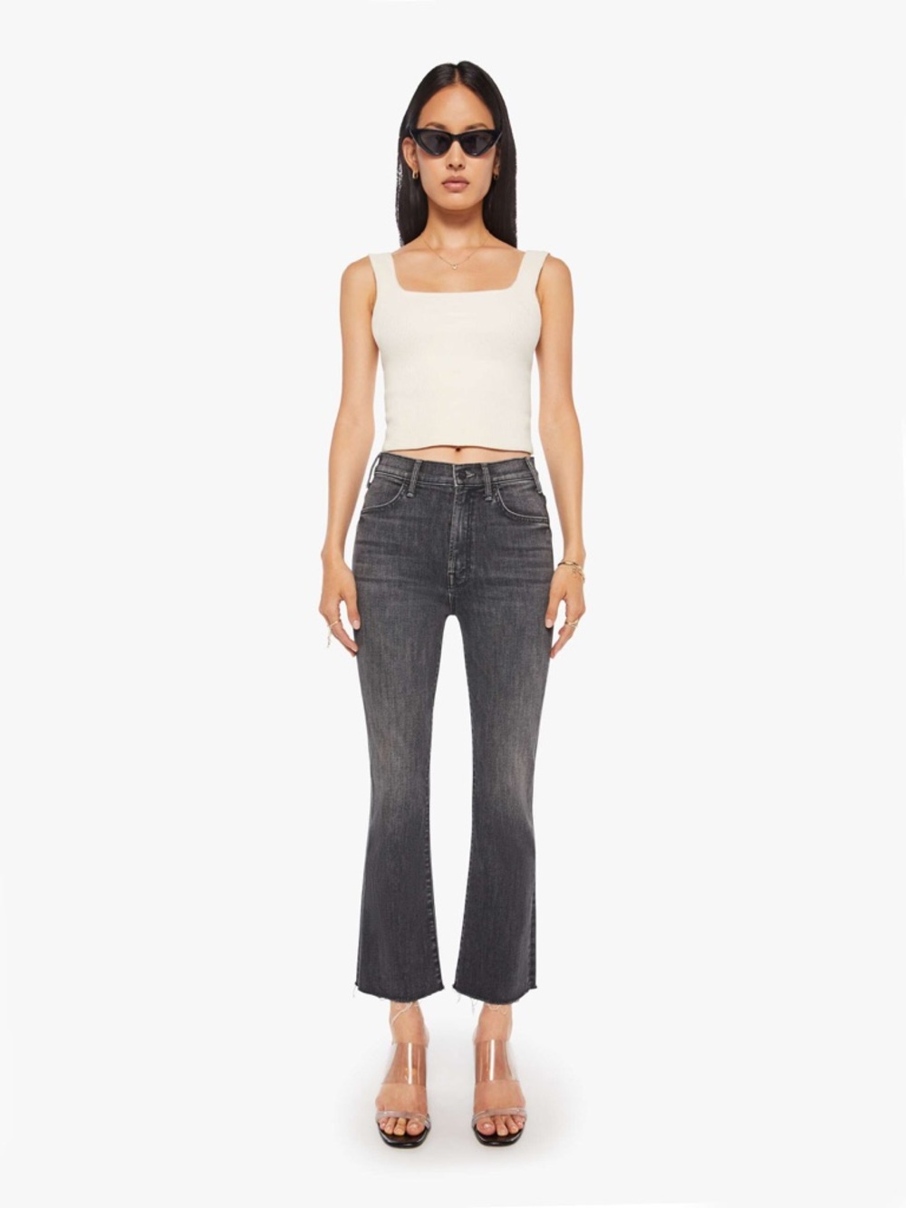 MOTHER The Hustler Ankle Fray Jeans Nightowl Gray High Rise Bootcut Raw Hem 27